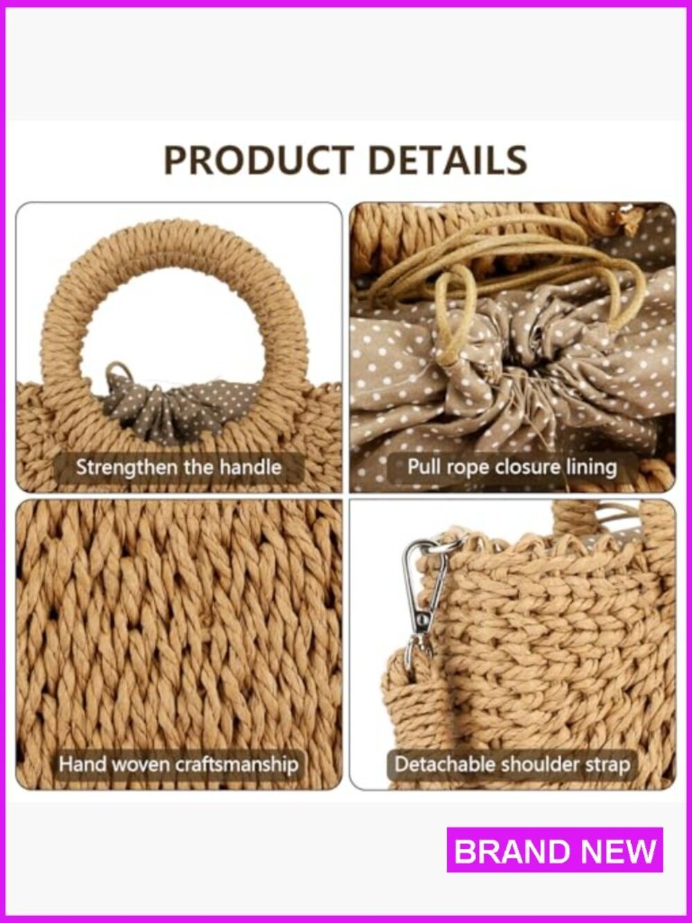 Straw Hobo Bag Handwoven Crossbody Shoulder Purse Eco Friendly Summer Beach - Picture 6 of 7